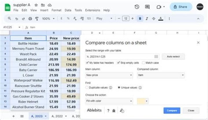 How do I compare two columns in Google sheets for matches?