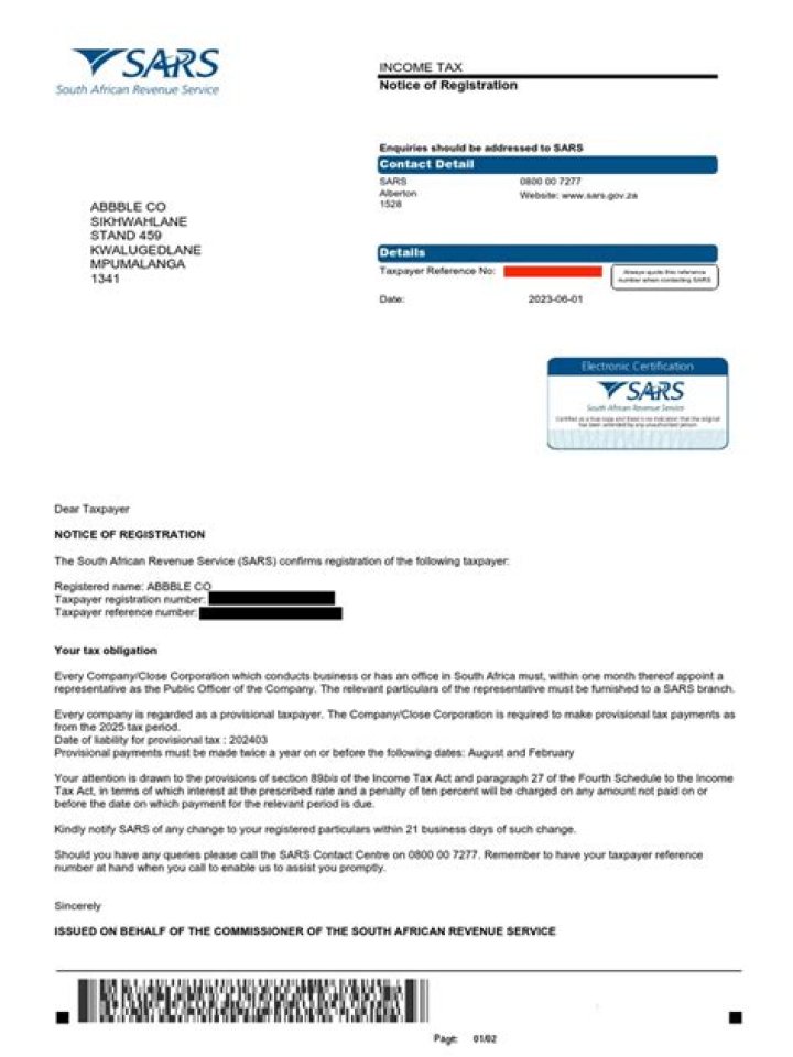How do I print my SARS notice of registration?