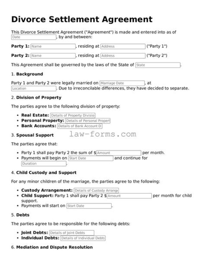 What is a settlement agreement in a divorce?