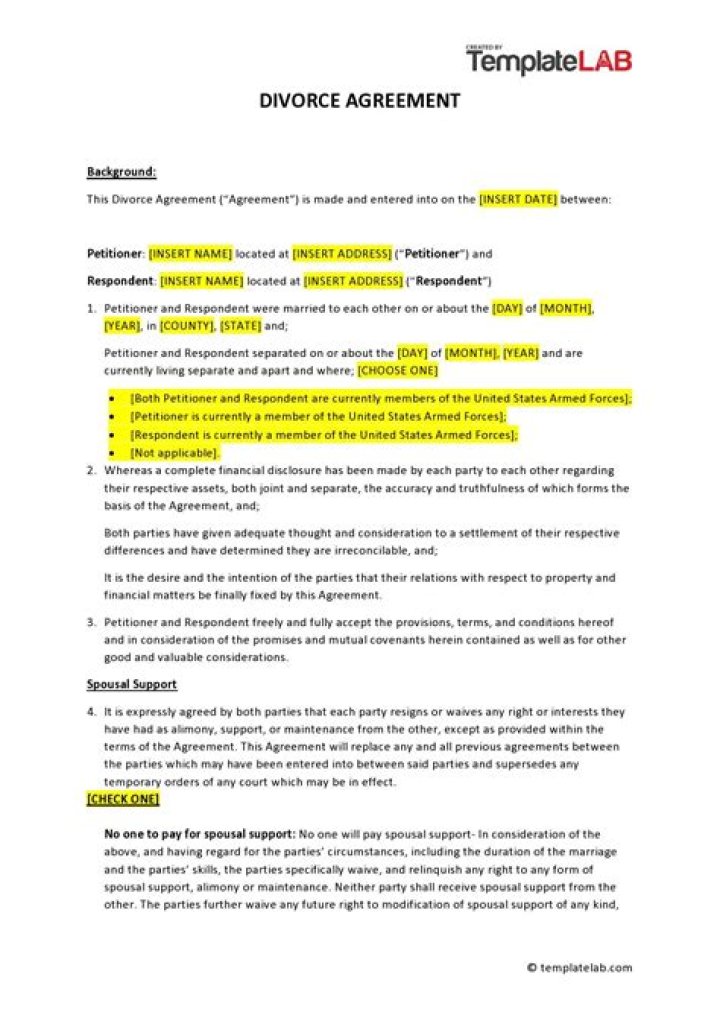 What is included in a divorce agreement?