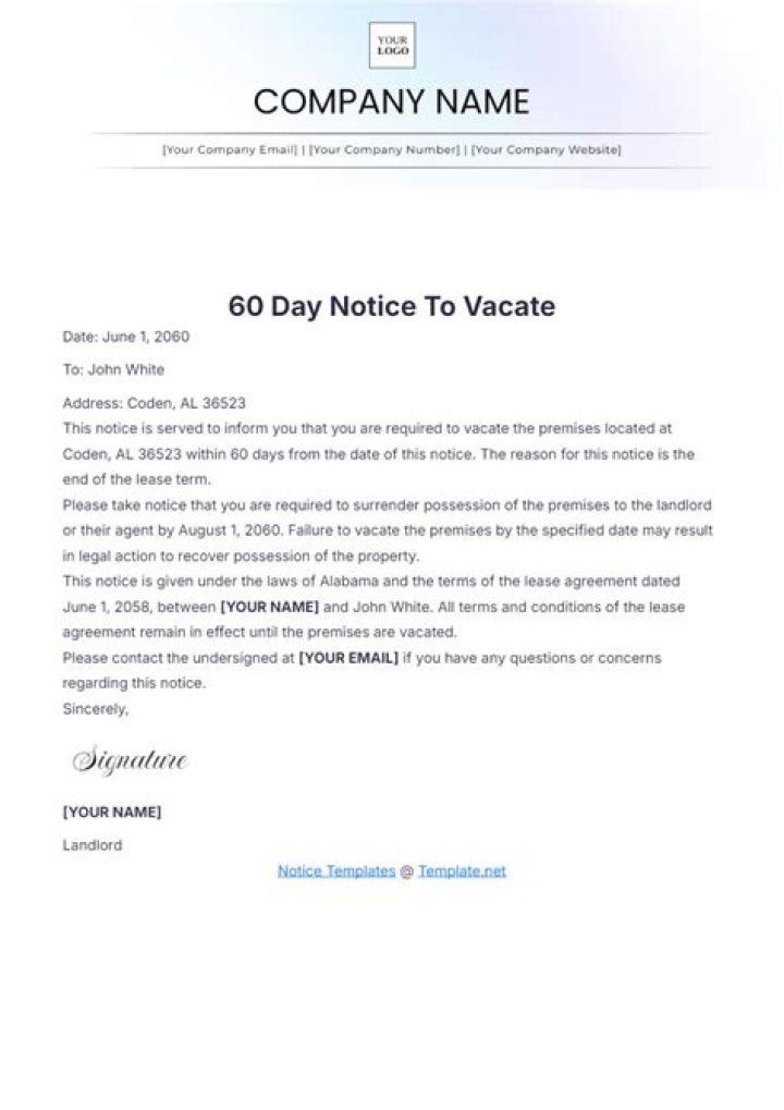 What should be included in a 60-day notice?